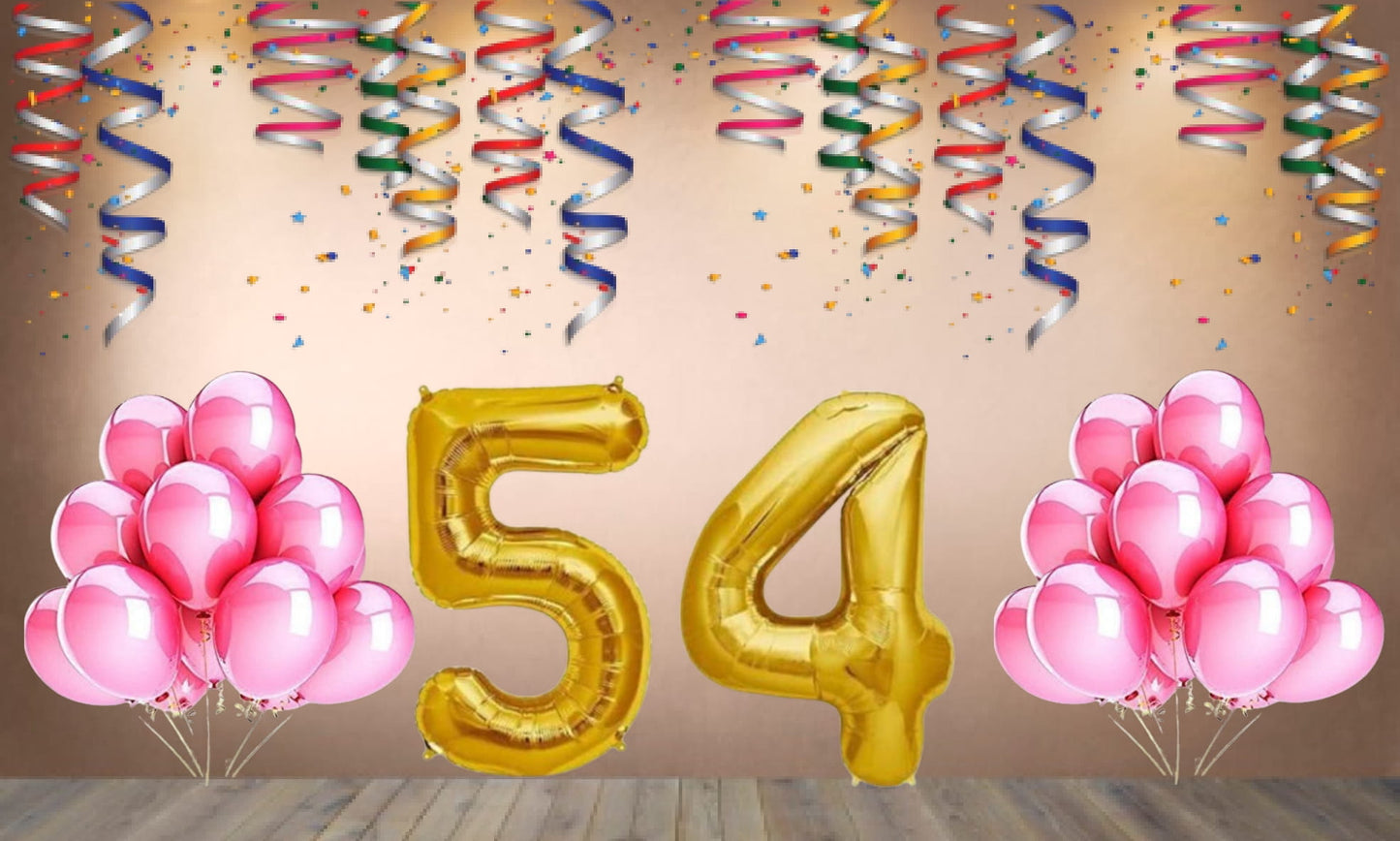 Number 54 Gold Foil Balloon and 25 Nos Pink Color Latex Balloon Combo