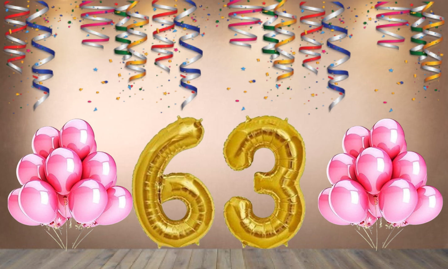 Number 63 Gold Foil Balloon and 25 Nos Pink Color Latex Balloon Combo