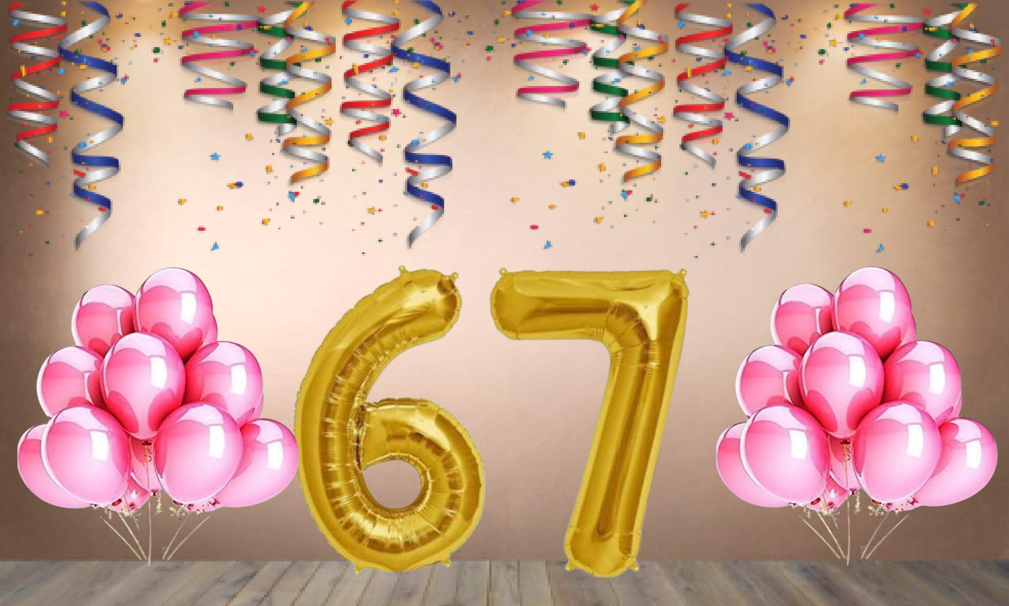 Number 67 Gold Foil Balloon and 25 Nos Pink Color Latex Balloon Combo