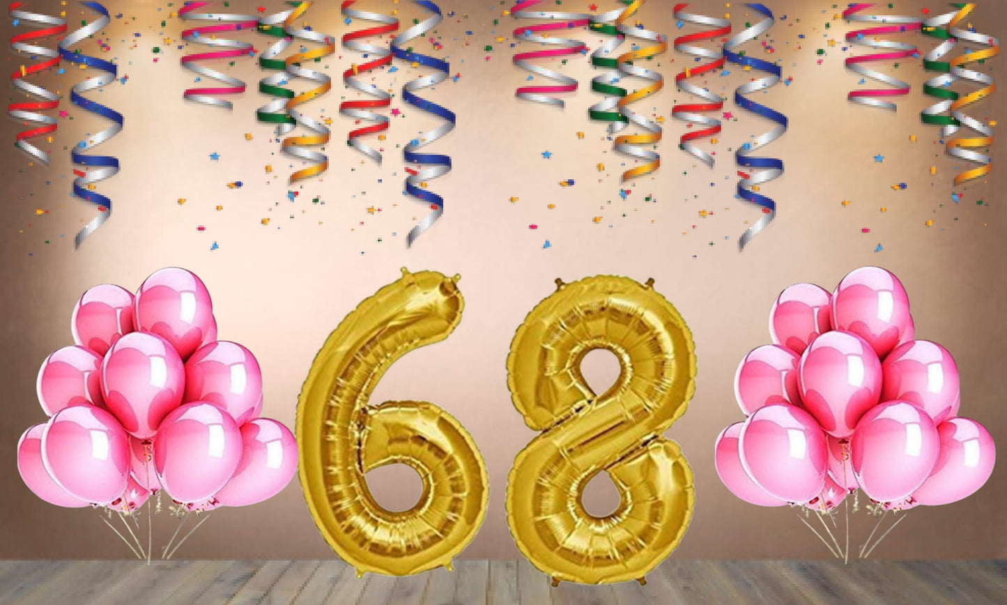 Number 68 Gold Foil Balloon and 25 Nos Pink Color Latex Balloon Combo