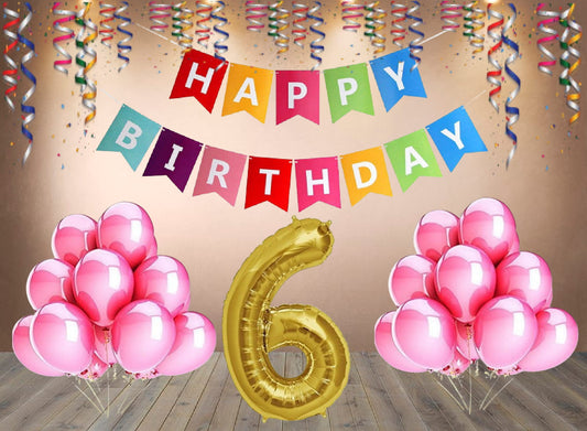 Number 6  Gold Foil Balloon and 25 Nos Pink Color Latex Balloon and Happy Birthday Banner Combo