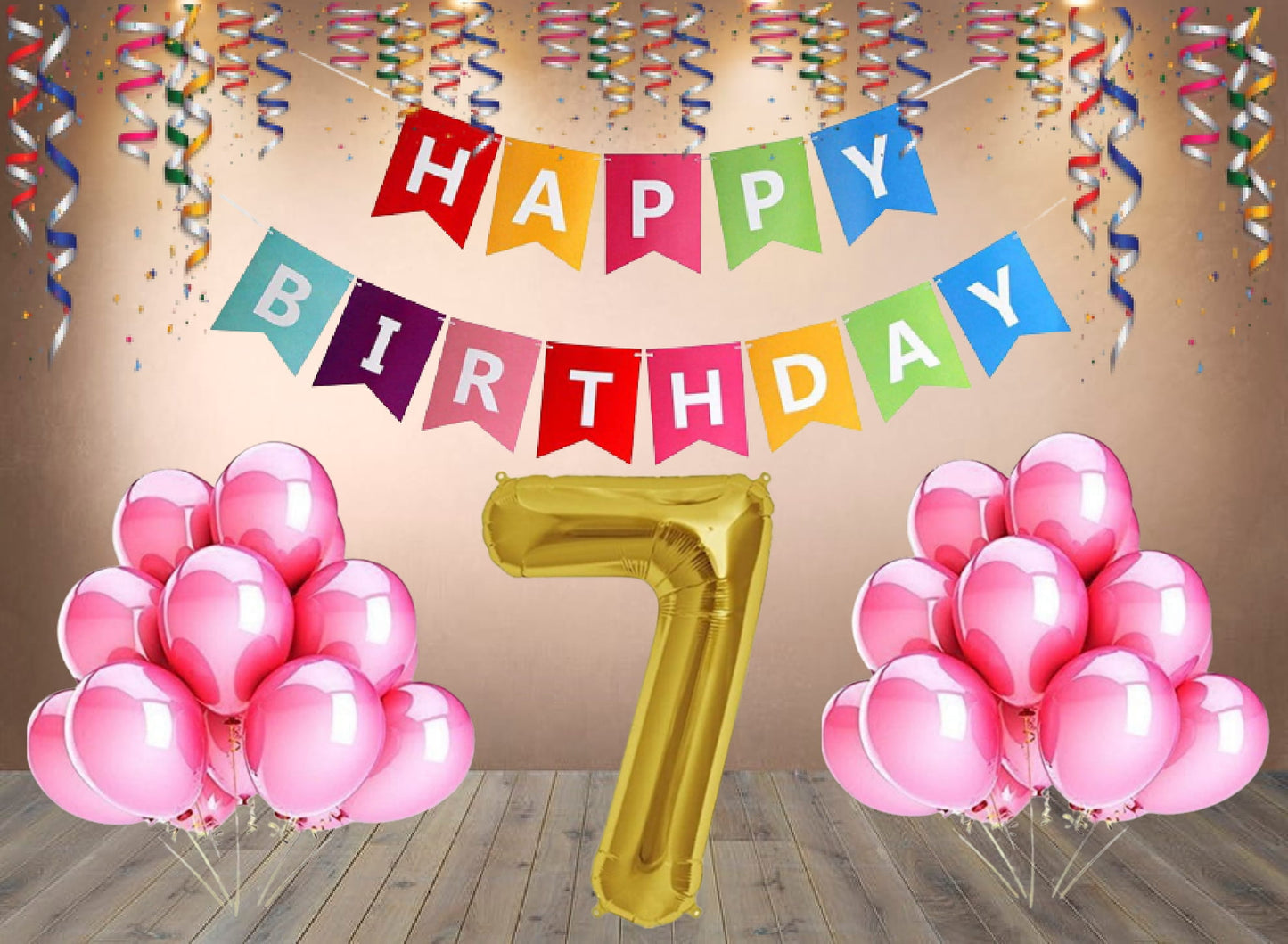 Number 7  Gold Foil Balloon and 25 Nos Pink Color Latex Balloon and Happy Birthday Banner Combo
