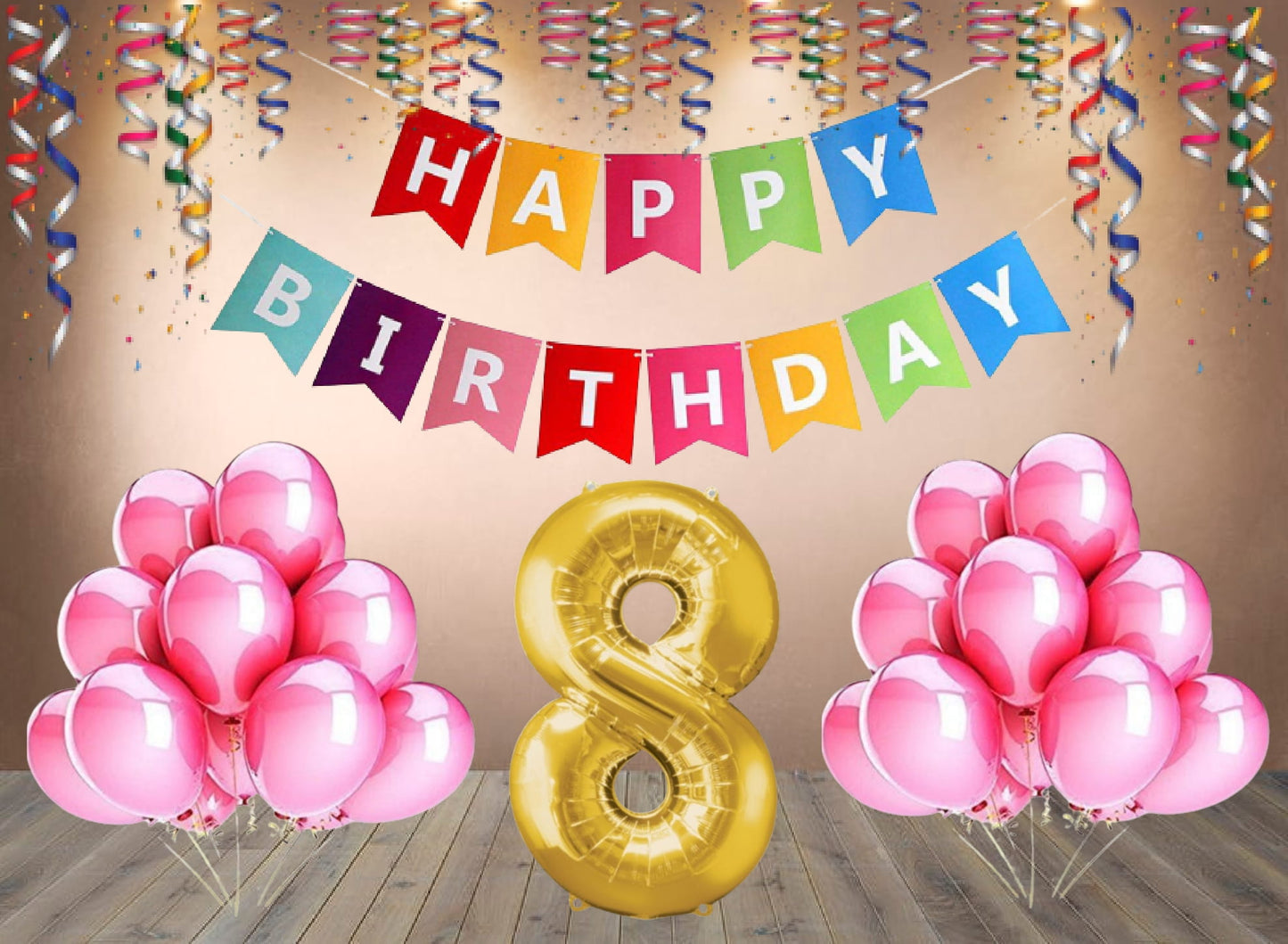 Number  8 Gold Foil Balloon and 25 Nos Pink Color Latex Balloon and Happy Birthday Banner Combo