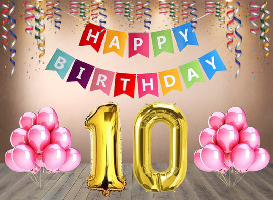 Number 10  Gold Foil Balloon and 25 Nos Pink Color Latex Balloon and Happy Birthday Banner Combo