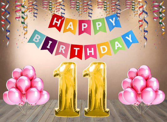 Number  11 Gold Foil Balloon and 25 Nos Pink Color Latex Balloon and Happy Birthday Banner Combo