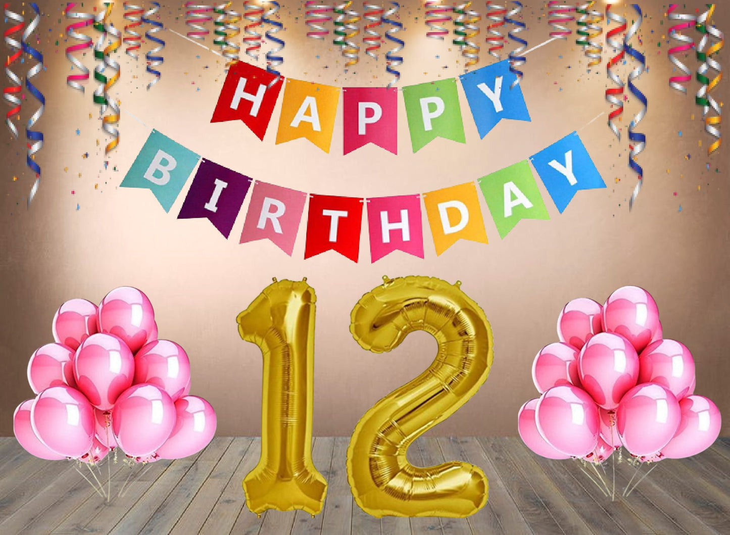 Number  12 Gold Foil Balloon and 25 Nos Pink Color Latex Balloon and Happy Birthday Banner Combo