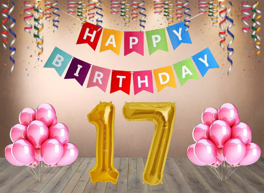 Number 17  Gold Foil Balloon and 25 Nos Pink Color Latex Balloon and Happy Birthday Banner Combo