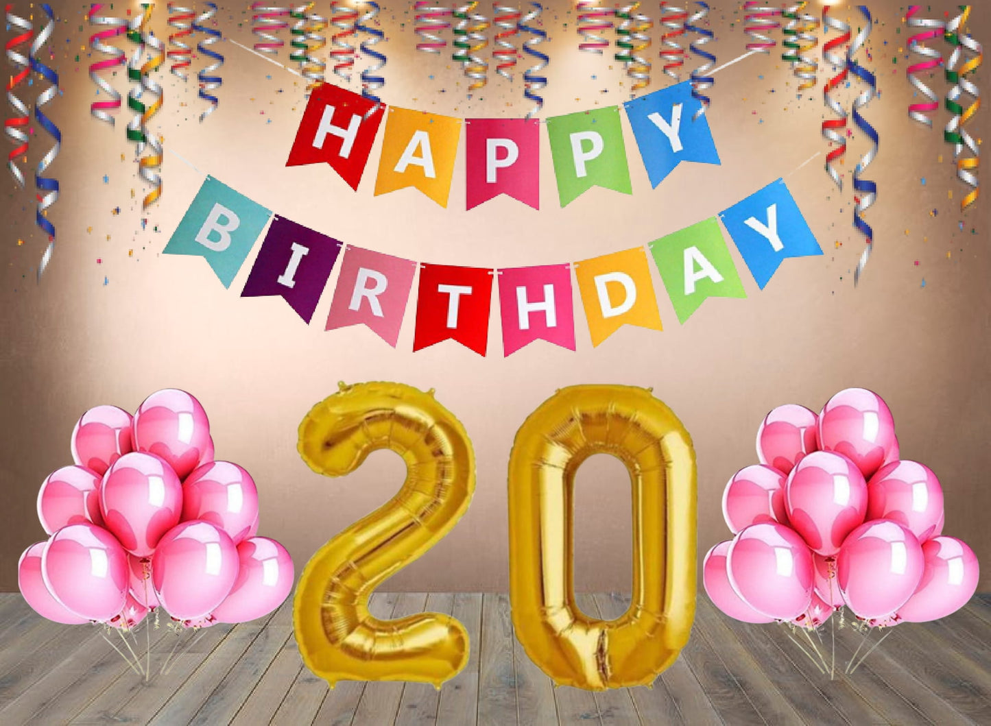 Number  20 Gold Foil Balloon and 25 Nos Pink Color Latex Balloon and Happy Birthday Banner Combo
