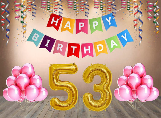 Number  53 Gold Foil Balloon and 25 Nos Pink Color Latex Balloon and Happy Birthday Banner Combo