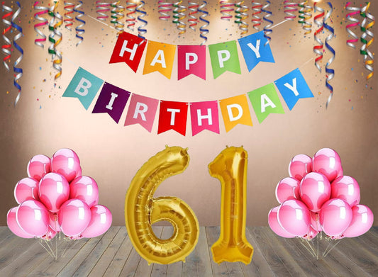 Number  61 Gold Foil Balloon and 25 Nos Pink Color Latex Balloon and Happy Birthday Banner Combo