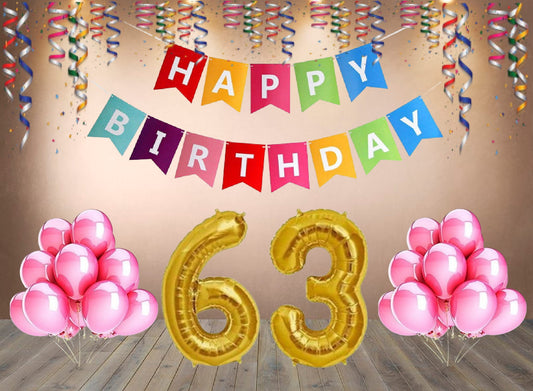 Number 63  Gold Foil Balloon and 25 Nos Pink Color Latex Balloon and Happy Birthday Banner Combo