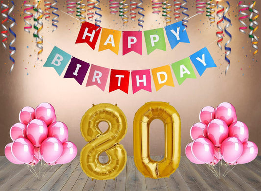 Number 80  Gold Foil Balloon and 25 Nos Pink Color Latex Balloon and Happy Birthday Banner Combo